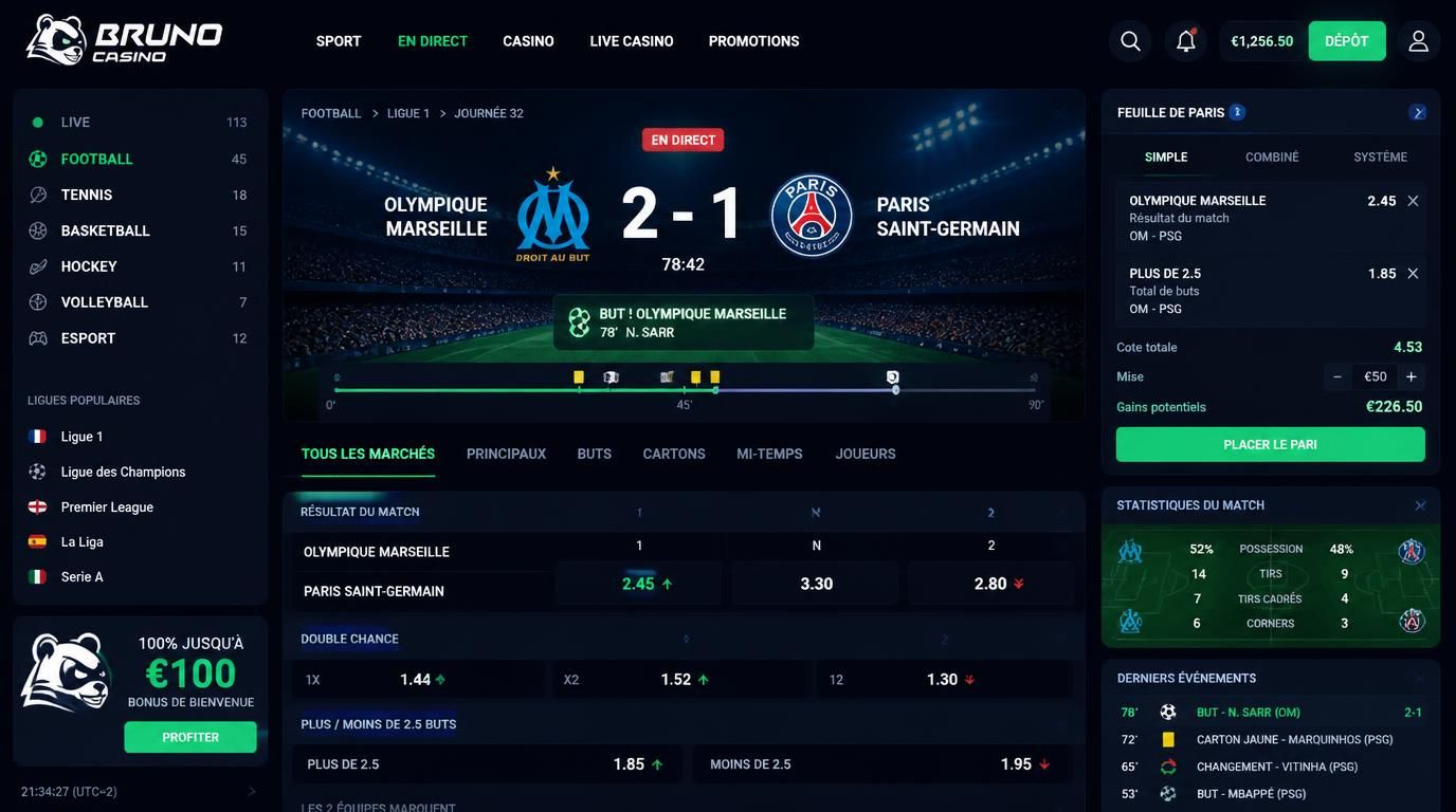 Interface live d’un match de foot avec cotes actualisées en temps réel