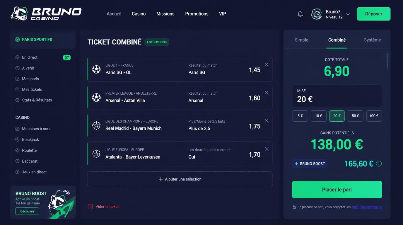 Un coupon combiné avec plusieurs matchs sélectionnés et gain potentiel élevé