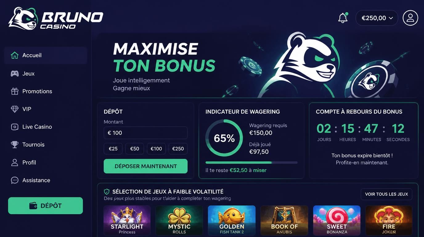 Interface casino montrant bonus de bienvenue, conditions de mise, jeux