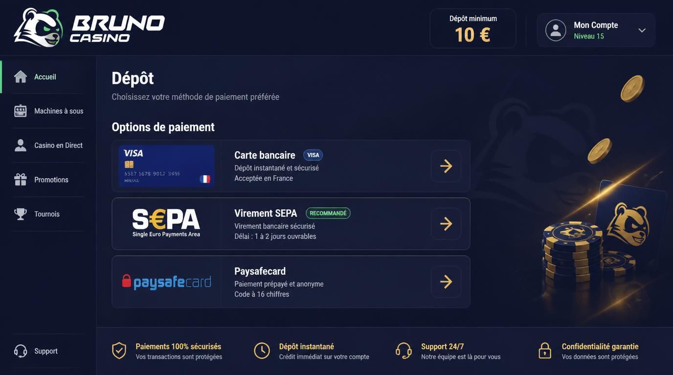 Dépôt avec CB, virement SEPA et Paysafecard locaux