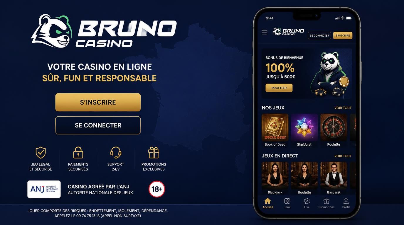 Carte de la France en arrière-plan avec logo Bruno Casino sur smartphone