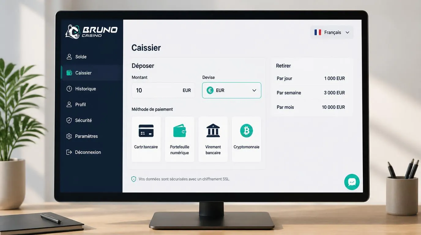 Interface de caisse en français avec dépÎt en euros, choix de paiement et plafonds de retrait