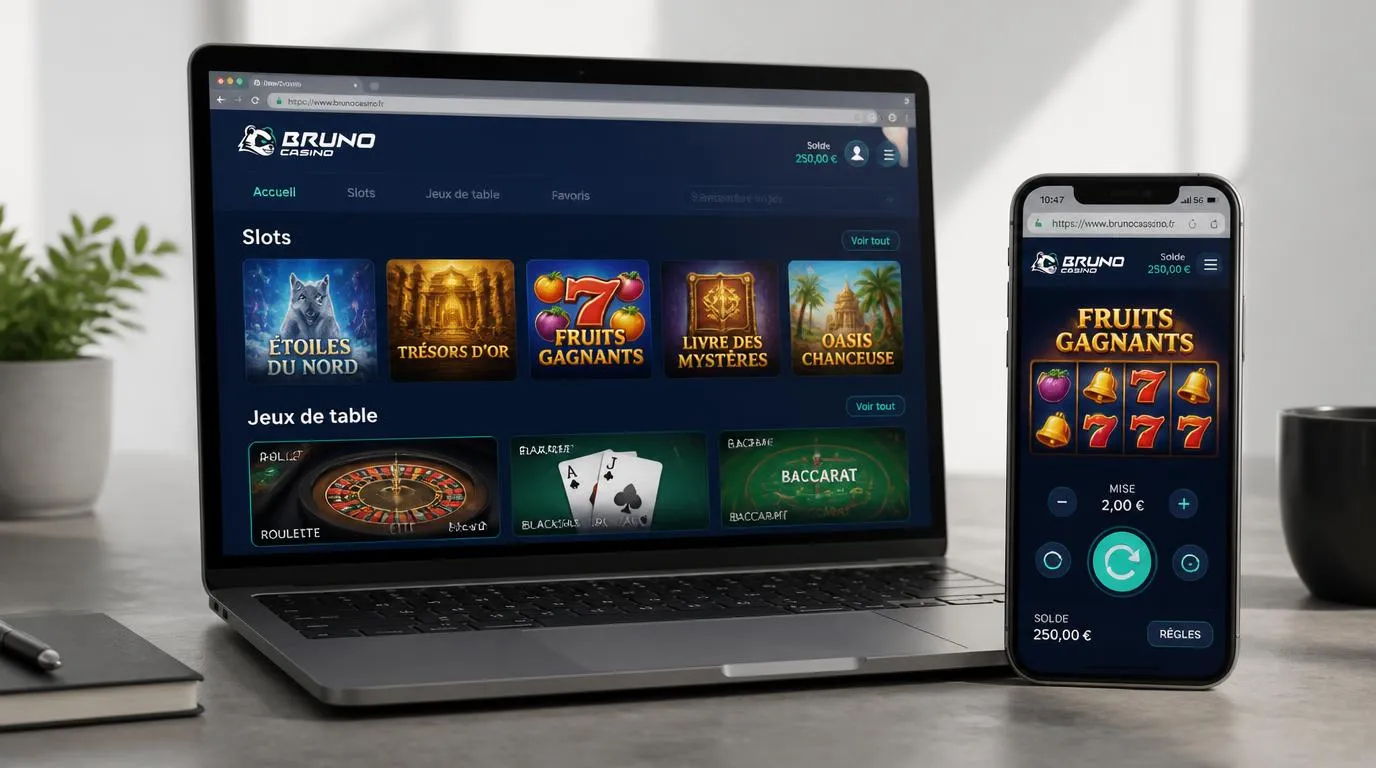 Ordinateur et smartphone affichant des interfaces de machines à sous et de jeux de table adaptées à chaque écran