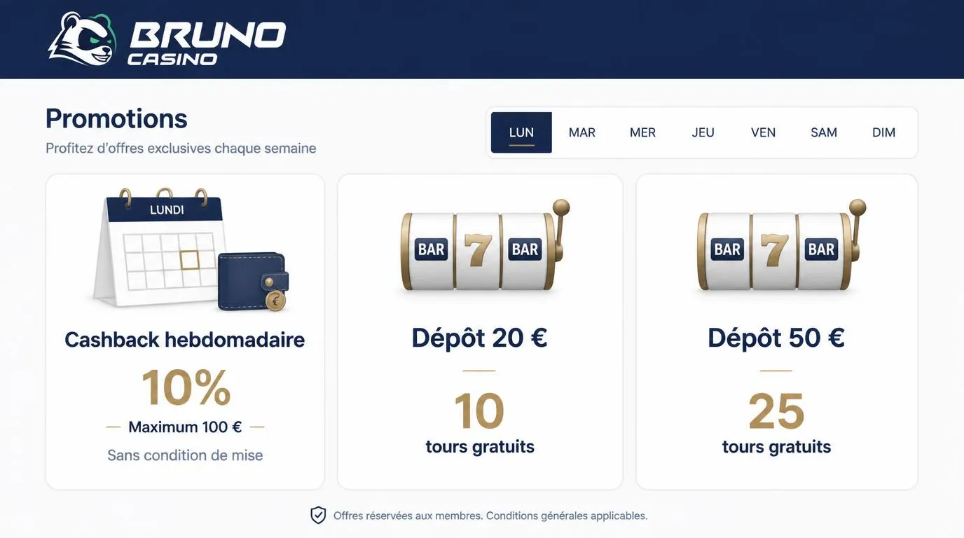 Tableau de promotions avec cashback du lundi et tours gratuits associĂ©s aux dĂ©pĂŽts de 20 ⏠et 50 âŹ