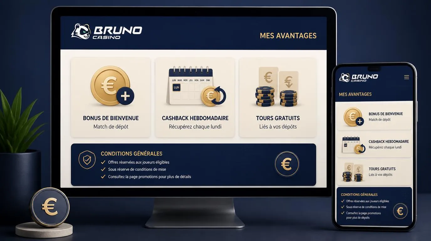 Interface de récompenses avec bonus de bienvenue, cashback hebdomadaire et tours gratuits liés aux dépÎts
