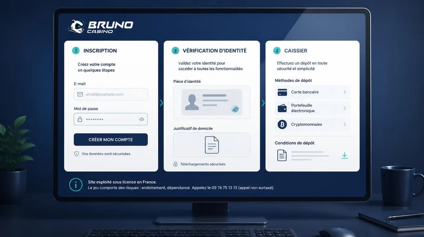 Interface illustrative avec formulaire dâinscription, vĂ©rification dâidentitĂ© et options de paiement dans la caisse